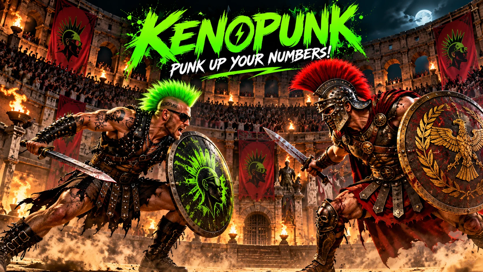 Stylizowany placeholder areny w Koloseum: neonowy zielony Punk naprzeciw rzymskiego wojownika.